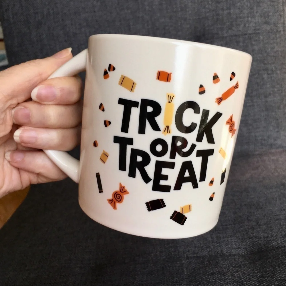 “TRICK OR TREAT” Coffee Mug, Ivory, Cream, Black, Fall Colors, 16 oz